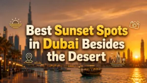 People enjoy watching the sunset over Dubai's skyline from a lively waterfront area.