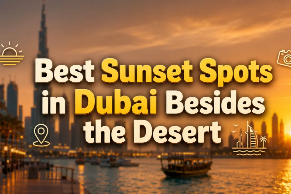 People enjoy watching the sunset over Dubai's skyline from a lively waterfront area.
