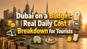 Dubai’s skyline, a meal, and cash suggest ways tourists can keep daily travel costs low.