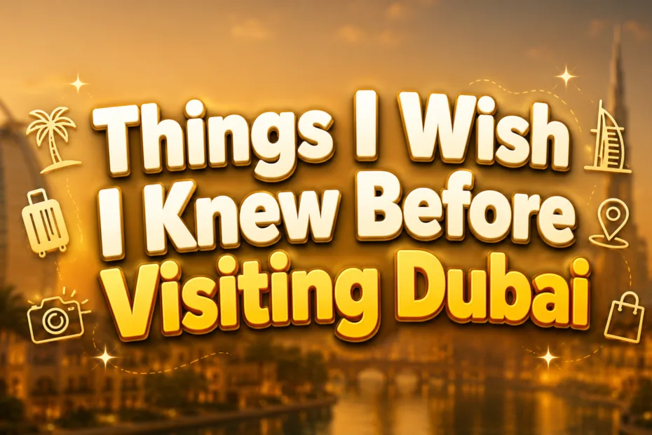 Dubai’s glowing skyline sits behind bold text about what to know before a visit.