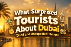 Dubai’s skyline glows behind bold text about visitors’ unexpected experiences.